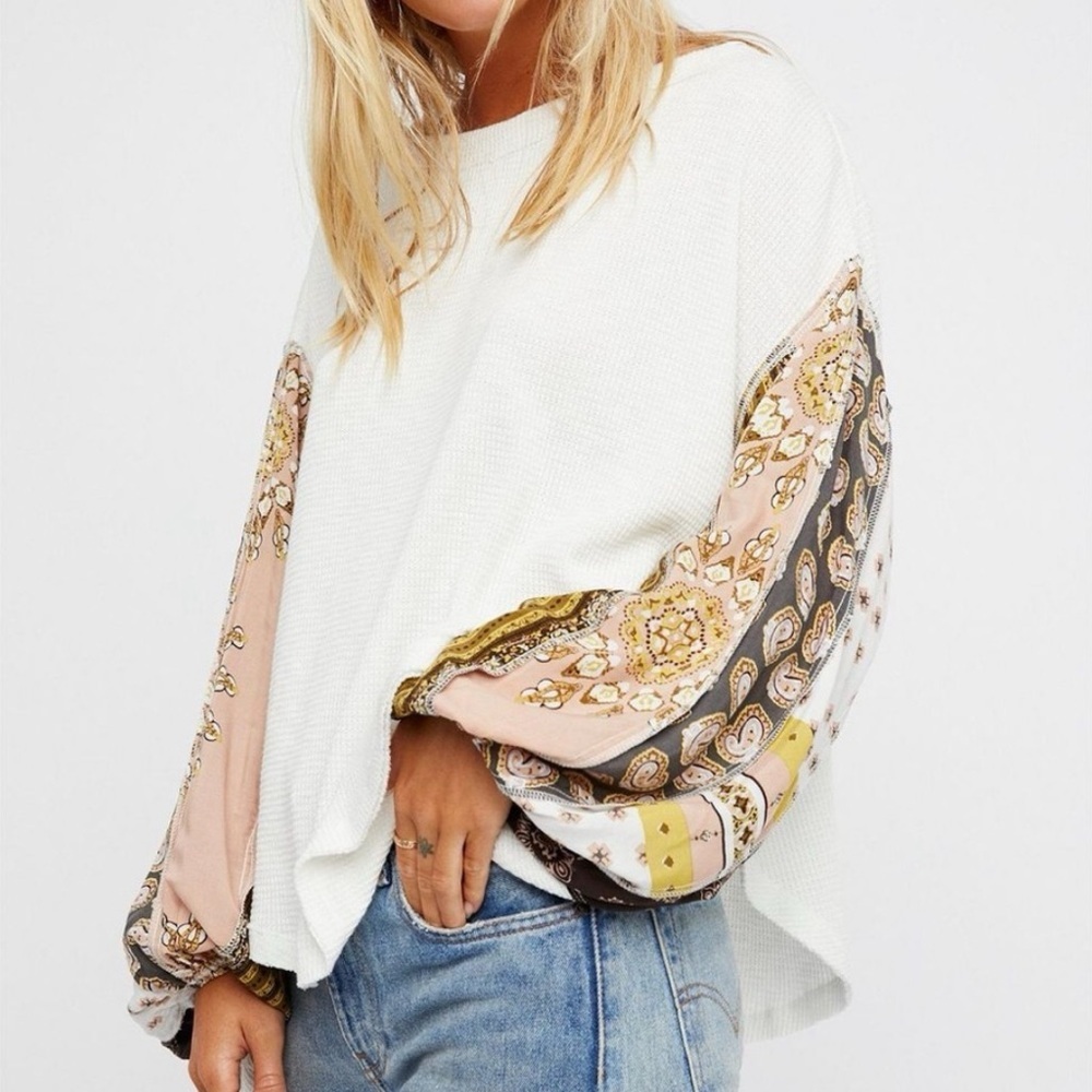 We The Free Blossom Thermal Top In Ivory Combo Patchwork Dolman Sleeve - size M